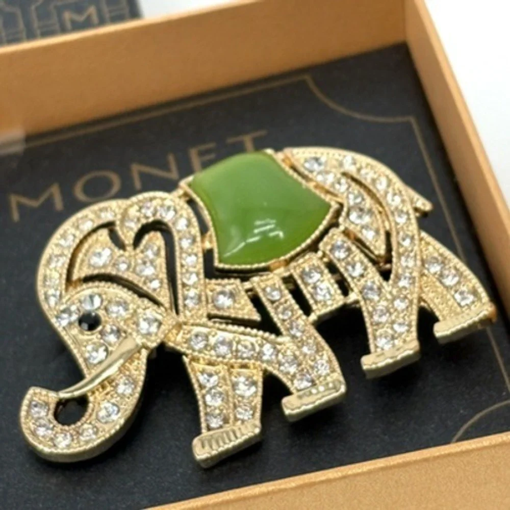Vintage Monet Elephant Brooch Jade Green and Rhinestone Gold Tone Pin Good Luck